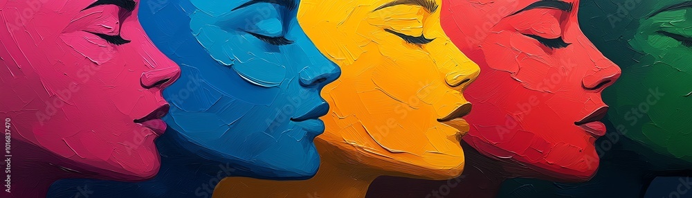 Poster vibrant artistic representation of colorful faces merging expression and creativity in a modern art 