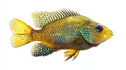 depiction highlights the vibrant colors and distinctive features of a Green Terror Cichlid a popular freshwater species native to Central America set in a clean isolated background.