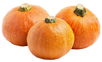 Three round orange squashes with green stems on a transparent background.