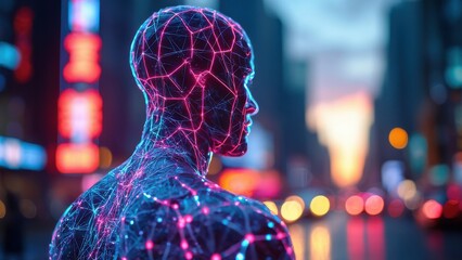 Futuristic Wireframe Human Silhouette Against Neon City Lights