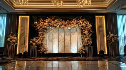 Obraz premium Ornate Gold Accented Floral Backdrop Setting the Stage for a Lavish Glamorous Event