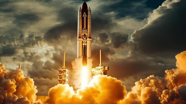 A rocket launches into the sky, emitting bright flames and smoke, symbolizing space exploration footage