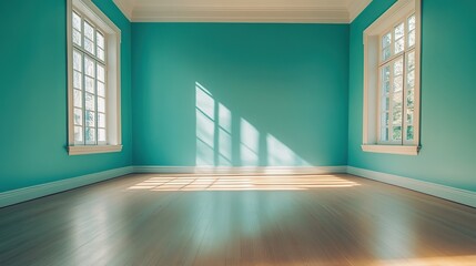 Fototapeta premium Empty room with teal walls, wood floor, and sunlight shining through windows