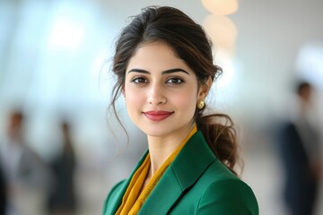 Portrait of a young woman with dark hair wearing a green blazer and yellow scarf