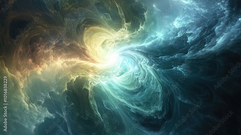 Poster a glowing vortex in a cosmic expanse, depicted in fluid ai-generated art, swirling with soft light a
