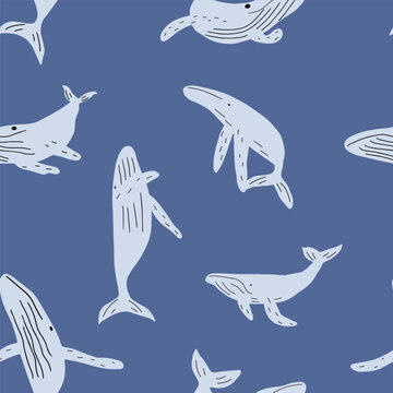 Fototapeta childish seamless pattern with whales in scandinavian style. Ocean animals. Pattern for kids with whales.