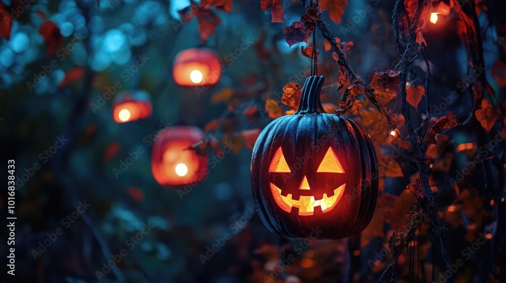 Canvas Prints Halloween night decorations with glowing lanterns and pumpkins