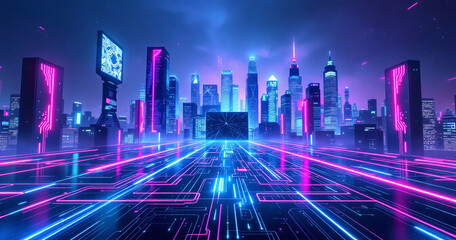 A futuristic neon cityscape with glowing pink and blue grid lines and towering structures. The scene is vibrant and immersive, evoking a cyberpunk atmosphere.

