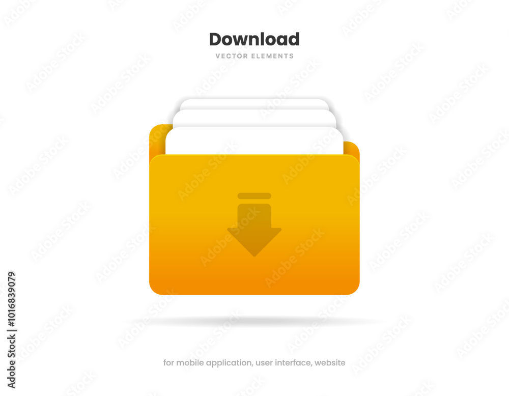 Aufkleber 3d download icon button. Folder icon. Upload icon. Down arrow bottom side symbol. Click here button. Save cloud icon push button for UI UX, website, mobile application.