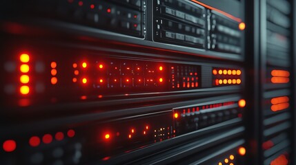 Obraz premium Close-up of modern server rack with blinking lights