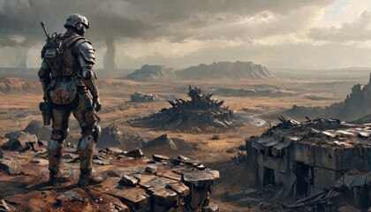 Wearing tattered armor, a soldier surveys the ruined landscape from a high vantage point, scanning for danger in the apocalyptic world below, Generative AI