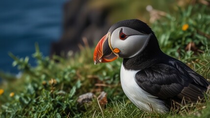 Naklejka premium A close-up portrait of an Atlantic puffin sitting on a grassy cliff overlooking the sea.