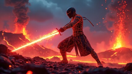 Futuristic Warrior with Energy Sword in Volcanic Battle