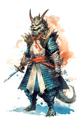 Fototapeta premium A blue dragon with horns and a red ribbon around its neck is holding a sword