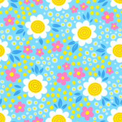 Stylized daisies and sunflowers, y2k, summer seamless pattern. Vector hand drawn flowers seamless patten