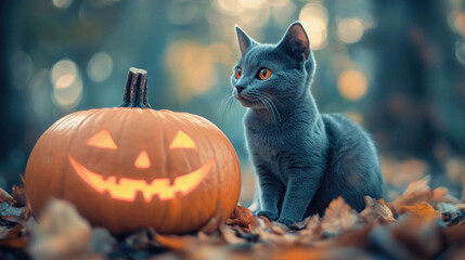 A cat is sitting in front of a pumpkin with a smiley face on it. The scene is set in a forest, with leaves scattered around the area. The cat appears to be curious about the pumpkin