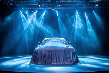 A Covered Car on a Stage with Spotlights