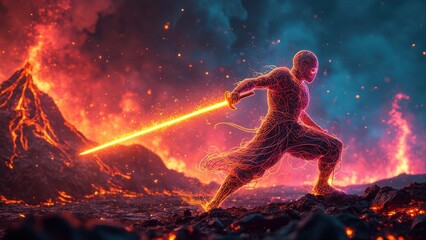 Futuristic Warrior with Energy Sword in Volcanic Battle