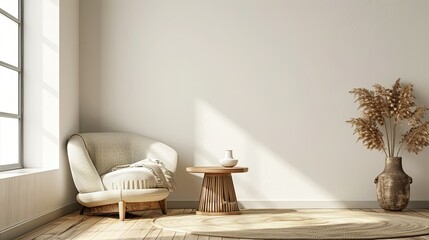 Living room interior with fabric armchair and table on empty white wall background