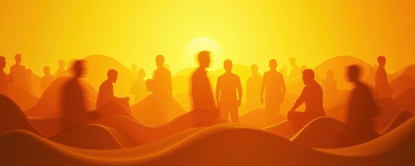 A dreamlike silhouette of people against a vibrant sunset background, symbolizing community and togetherness in a tranquil setting.
