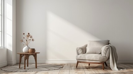 Living room interior with fabric armchair and table on empty white wall background