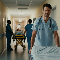 Obraz premium Nurse Pushing Patient Bed in Hospital Hallway