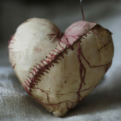 Obraz premium A broken heart is being carefully sewn by a pair of hands, with individual threads pulling the pieces together.