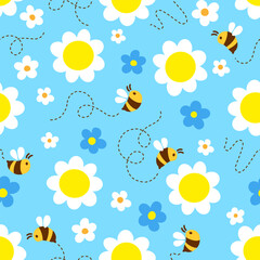 Stylized daisies and sunflowers, y2k. Vector hand drawn flowers seamless patten on blue background