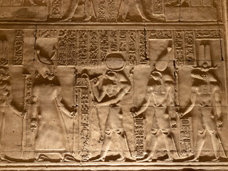 View with night lighting of the Kom Ombo temple on the banks of the great River Nile in Egypt