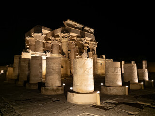 View with night lighting of the Kom Ombo temple on the banks of the great River Nile in Egypt