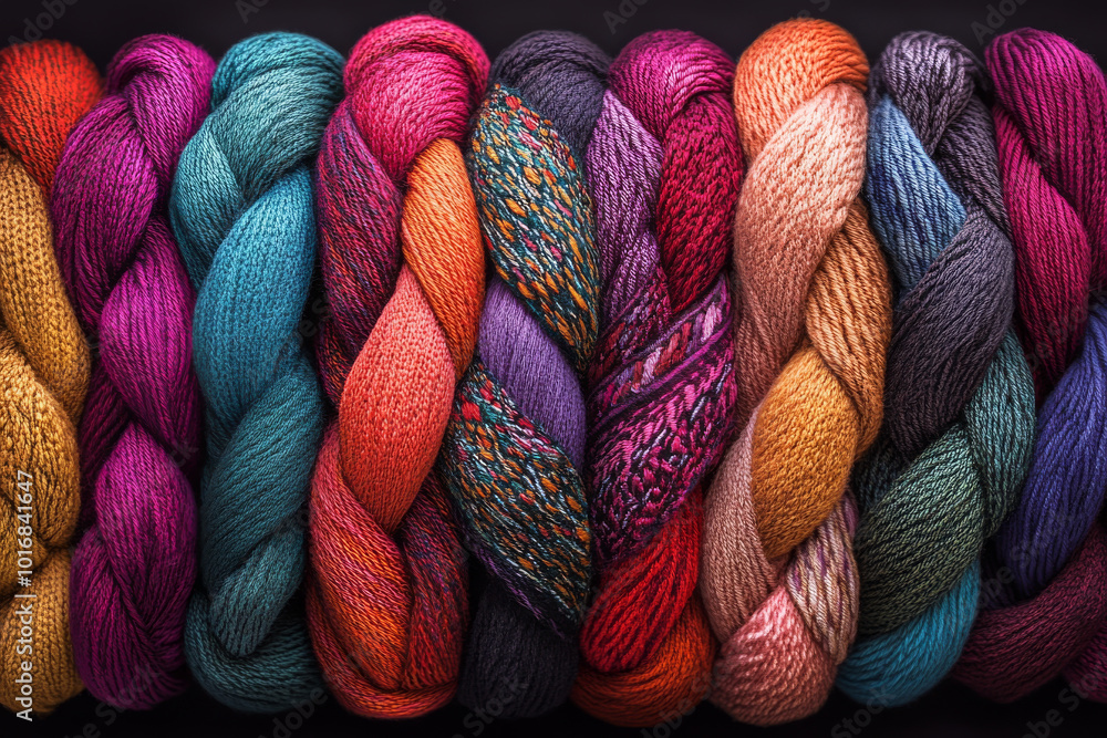 Poster a row of colorful yarns are displayed in a row
