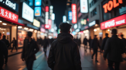 Strolling through streets illuminated by neon signs