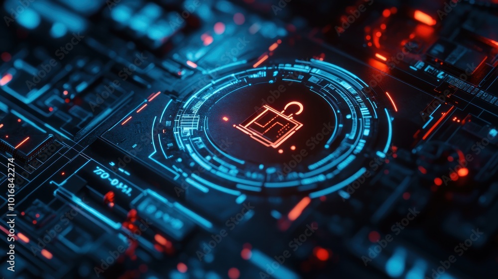 Poster a digital lock symbol on a circuit board, representing cybersecurity and technology.