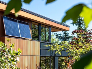 Solar panels on a modern home with wood siding.