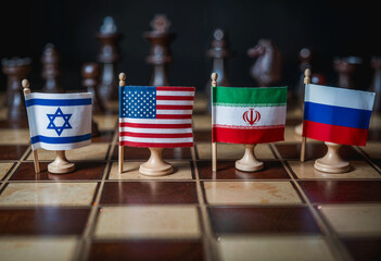 A chess board with the flags of The United States, Israel, Iran and Russia. Symboling the Geo political tensions today.