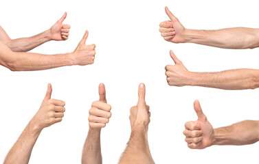 Male hands showing thumbs up, LIKE, meaning approval from different sides, isolated on transparent background, png file