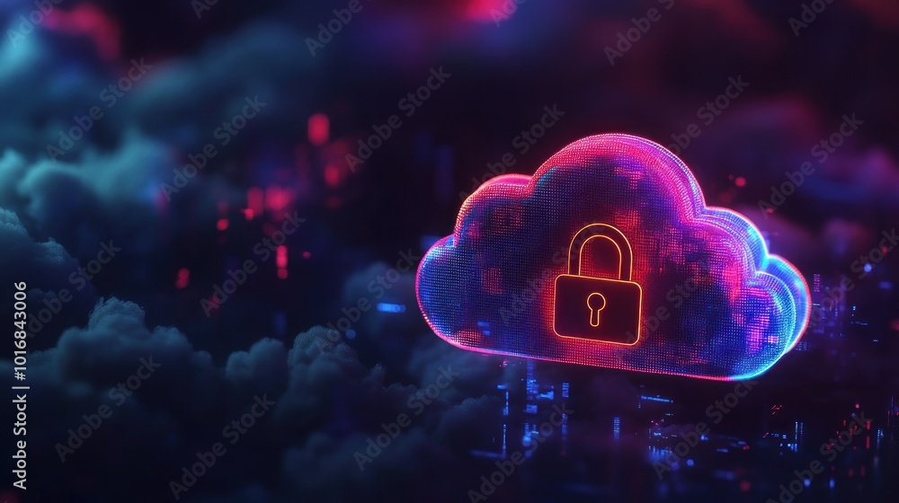 Poster a glowing cloud with a padlock symbol, representing digital security and data protection.