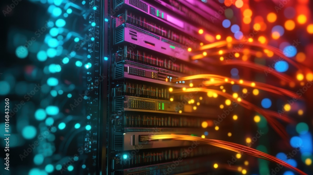 Poster a close-up view of server hardware with colorful data cables and lights, symbolizing technology.