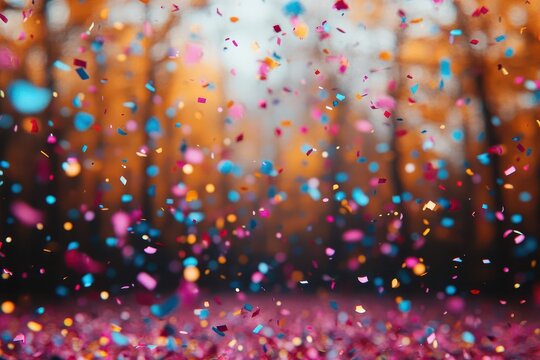 explosive burst of colorful confetti against blurred festive background dynamic motion vibrant hues soft bokeh lights add depth and atmosphere celebratory mood joy and excitement conveyed