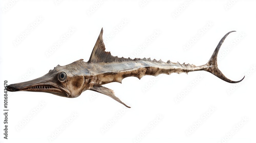 Poster close up of a sawfish highlights its long flattened snout and sharp teeth against a white background