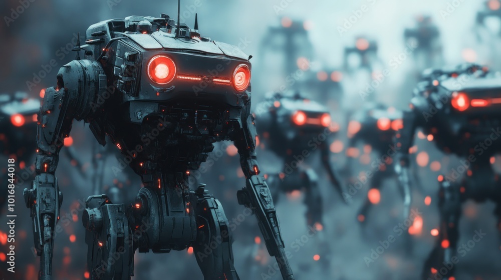 Poster a group of futuristic robots with glowing red eyes in a misty environment.