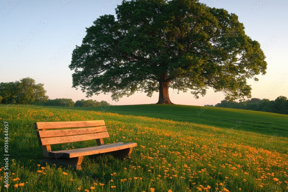 Wall mural A Wooden Bench in a Field of Yellow Flowers Under a Large Oak Tree