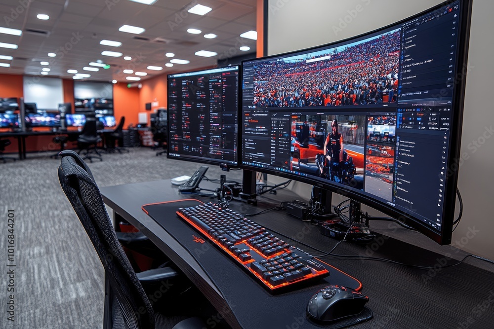 Poster a workstation with monitors displaying footage of a race and editing software