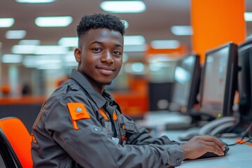 Young Black Man in Work Uniform Using a Computer