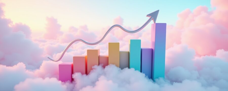 A whimsical illustration of a growing bar chart emerging from colorful clouds, symbolizing success, growth, and innovation in business.