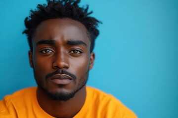 Obraz premium expressive portrait of puzzled african american man in vibrant orange top against blue background captures genuine emotion and confusion with copy space