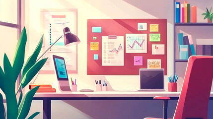 Workspace with business charts, plan, strategy, and goals, concept of business planning and growth