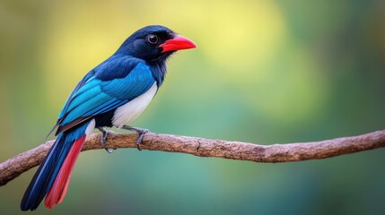 Obraz premium Captivating close-up of a Red-billed Blue Magpie on a branch, highlighting its brilliant blue wings and vivid red beak, framed against a soft green background.