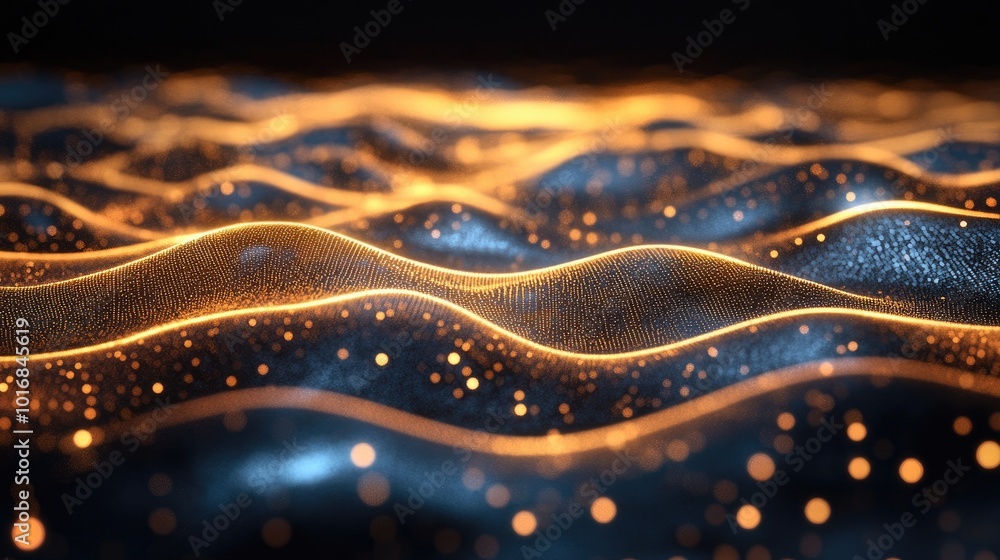 Aufkleber flowing golden waves ripple through a digital landscape, illuminated by soft light, creating a sense