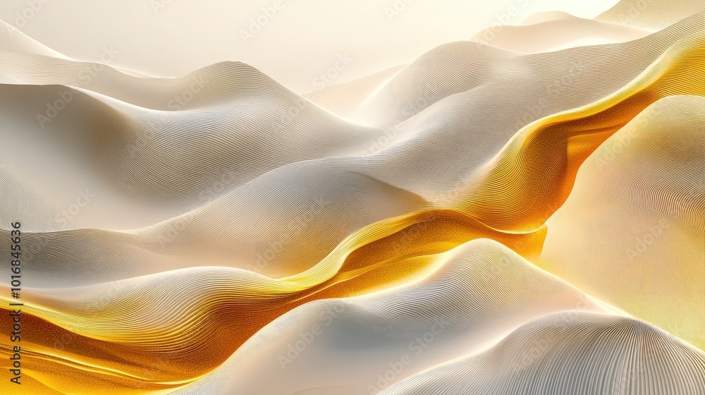 Poster flowing golden waves ripple through a digital landscape, illuminated by soft light, creating a sense